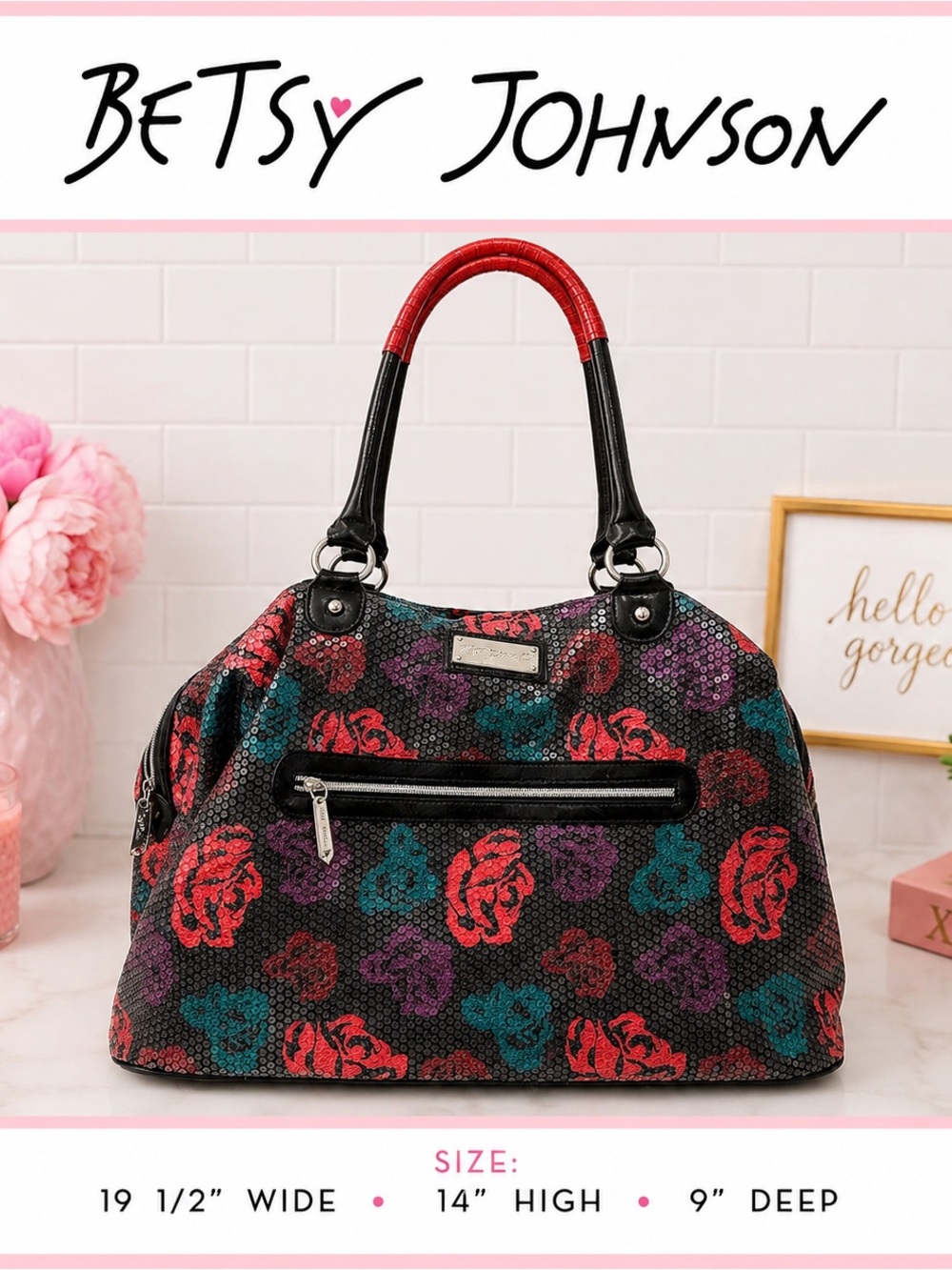 Betsey Johnson Sequin Duffel Bag Black Satchel with Red, Teal & Purple Rose Prin